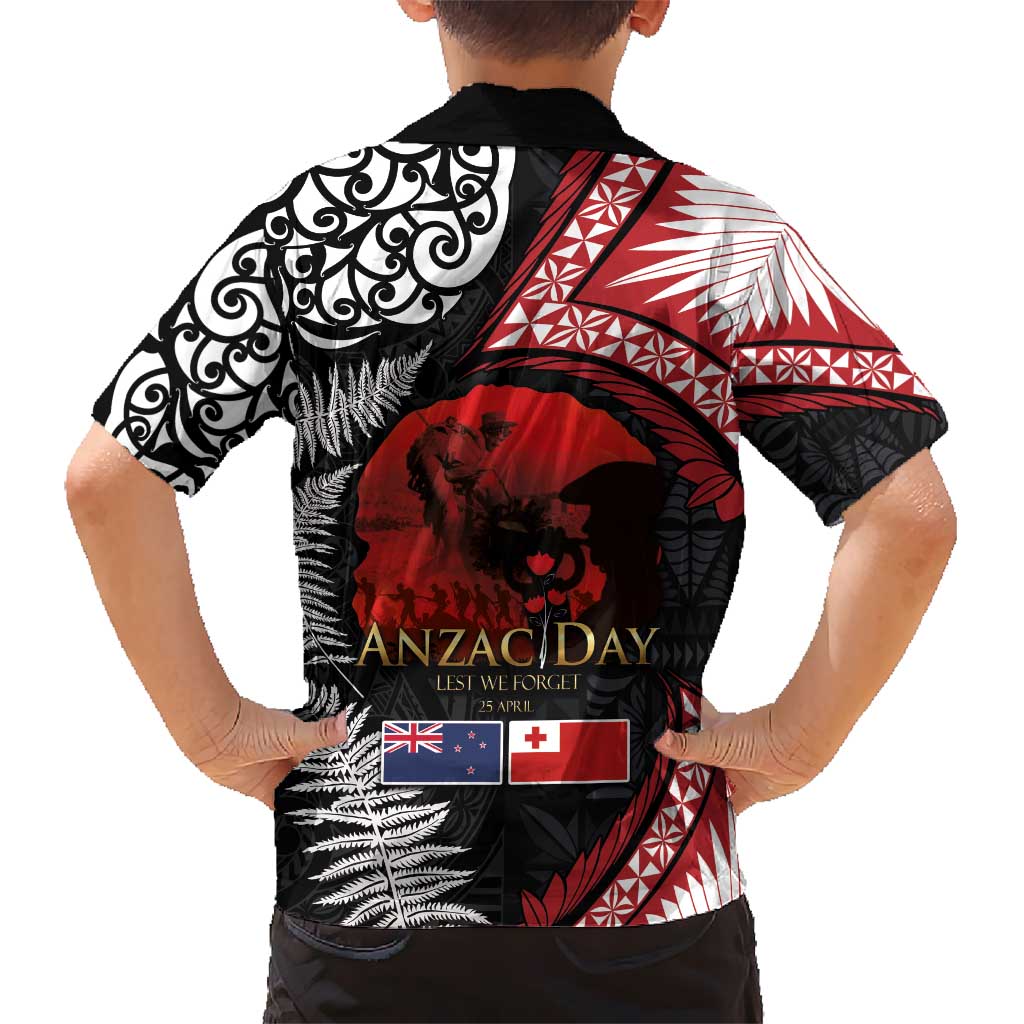 Tonga and New Zealand ANZAC Day Kid Hawaiian Shirt Gallipoli Lest We Forget Ngatu Art Tribal and Maori Tattoo with Fern LT03