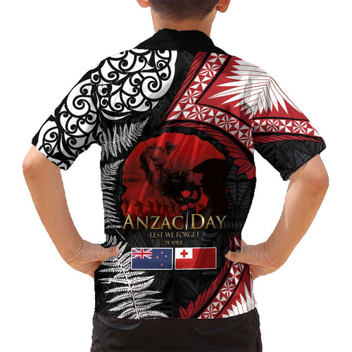 Tonga and New Zealand ANZAC Day Kid Hawaiian Shirt Gallipoli Lest We Forget Ngatu Art Tribal and Maori Tattoo with Fern LT03