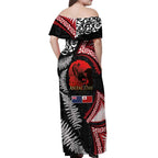 Tonga and New Zealand ANZAC Day Off Shoulder Maxi Dress Gallipoli Lest We Forget Ngatu Art Tribal and Maori Tattoo with Fern LT03