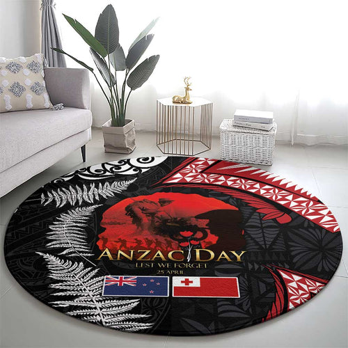 Tonga and New Zealand ANZAC Day Round Carpet Gallipoli Lest We Forget Ngatu Art Tribal and Maori Tattoo with Fern LT03