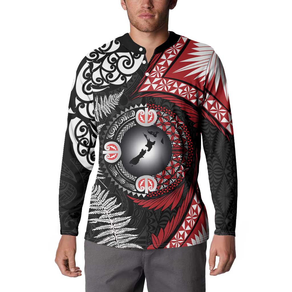 Tonga and New Zealand Together Button Sweatshirt Ngatu Art Tribal Maori Tattoo and Silver Fern