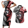 Tonga and New Zealand Together Couples Matching Short Sleeve Bodycon Dress and Hawaiian Shirt Ngatu Art Tribal Maori Tattoo and Silver Fern