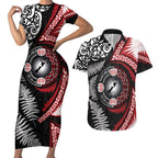 Tonga and New Zealand Together Couples Matching Short Sleeve Bodycon Dress and Hawaiian Shirt Ngatu Art Tribal Maori Tattoo and Silver Fern