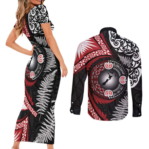 Tonga and New Zealand Together Couples Matching Short Sleeve Bodycon Dress and Long Sleeve Button Shirt Ngatu Art Tribal Maori Tattoo and Silver Fern