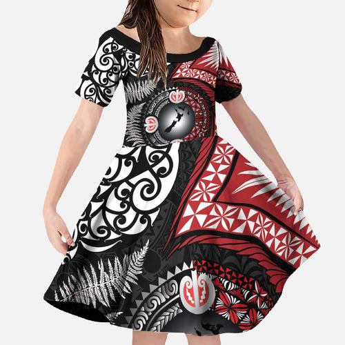 Tonga and New Zealand Together Family Matching Off The Shoulder Long Sleeve Dress and Hawaiian Shirt Ngatu Art Tribal Maori Tattoo and Silver Fern