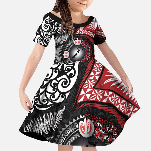 Tonga and New Zealand Together Family Matching Puletasi and Hawaiian Shirt Ngatu Art Tribal Maori Tattoo and Silver Fern
