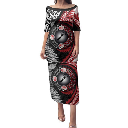 Tonga and New Zealand Together Family Matching Puletasi and Hawaiian Shirt Ngatu Art Tribal Maori Tattoo and Silver Fern