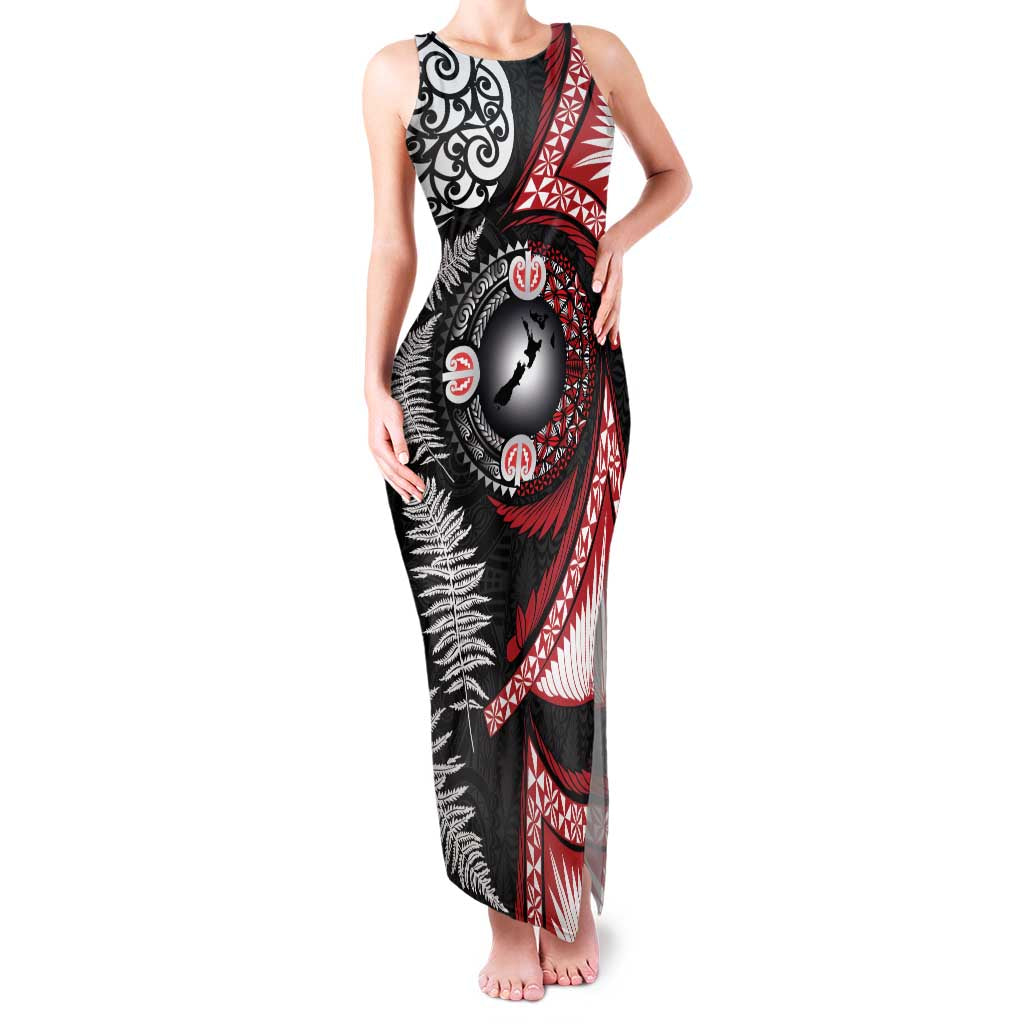 Tonga and New Zealand Together Family Matching Tank Maxi Dress and Hawaiian Shirt Ngatu Art Tribal Maori Tattoo and Silver Fern