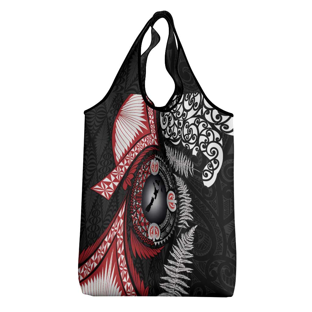 Tonga and New Zealand Together Grocery Bag Ngatu Art Tribal Maori Tattoo and Silver Fern