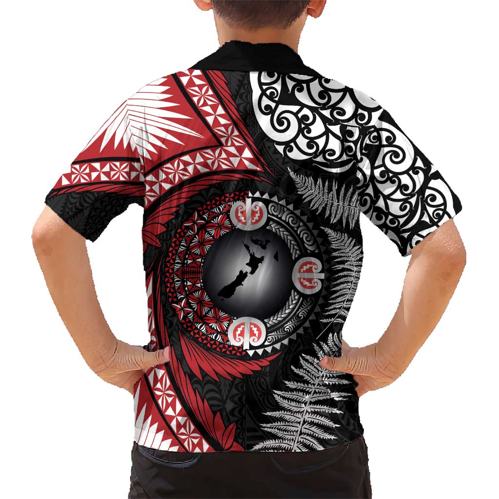 Tonga and New Zealand Together Kid Hawaiian Shirt Ngatu Art Tribal Maori Tattoo and Silver Fern