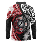 Tonga and New Zealand Together Long Sleeve Polo Shirt Ngatu Art Tribal Maori Tattoo and Silver Fern