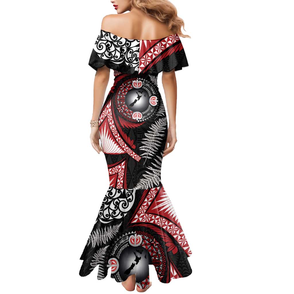 Tonga and New Zealand Together Mermaid Dress Ngatu Art Tribal Maori Tattoo and Silver Fern