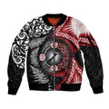 Tonga and New Zealand Together Sleeve Zip Bomber Jacket Ngatu Art Tribal Maori Tattoo and Silver Fern
