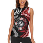 Tonga and New Zealand Together Women Sleeveless Polo Shirt Ngatu Art Tribal Maori Tattoo and Silver Fern