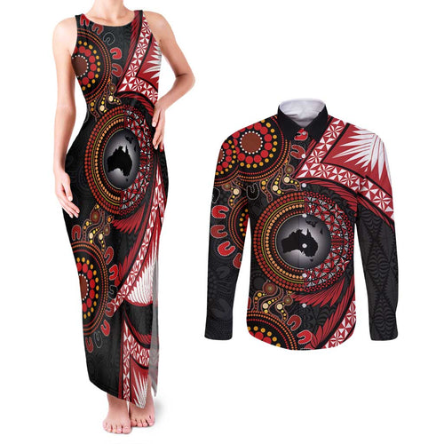 Tonga and Australia Together Couples Matching Tank Maxi Dress and Long Sleeve Button Shirt Ngatu Art Tribal Aboriginal Tattoo Pattern