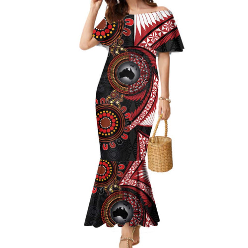 Tonga and Australia Together Family Matching Mermaid Dress and Hawaiian Shirt Ngatu Art Tribal Aboriginal Tattoo Pattern