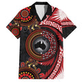 Tonga and Australia Together Family Matching Off The Shoulder Long Sleeve Dress and Hawaiian Shirt Ngatu Art Tribal Aboriginal Tattoo Pattern