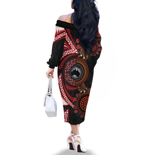 Tonga and Australia Together Family Matching Off The Shoulder Long Sleeve Dress and Hawaiian Shirt Ngatu Art Tribal Aboriginal Tattoo Pattern