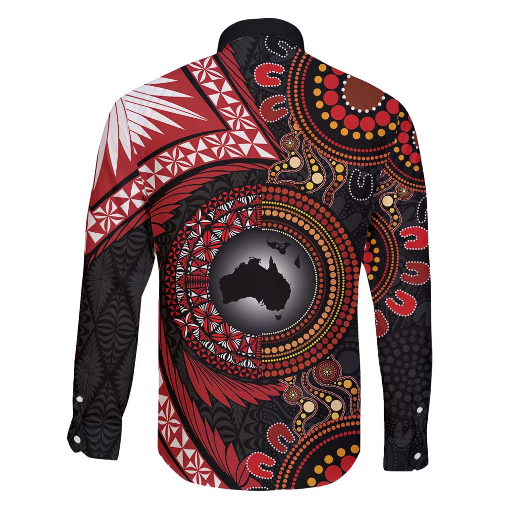 Tonga and Australia Together Family Matching Off Shoulder Maxi Dress and Hawaiian Shirt Ngatu Art Tribal Aboriginal Tattoo Pattern