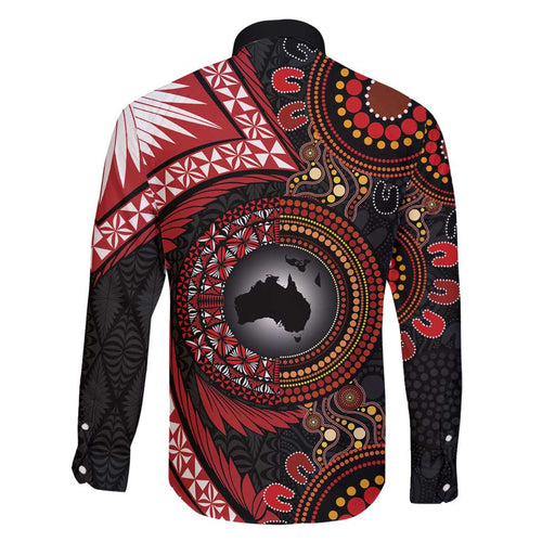 Tonga and Australia Together Family Matching Off Shoulder Maxi Dress and Hawaiian Shirt Ngatu Art Tribal Aboriginal Tattoo Pattern