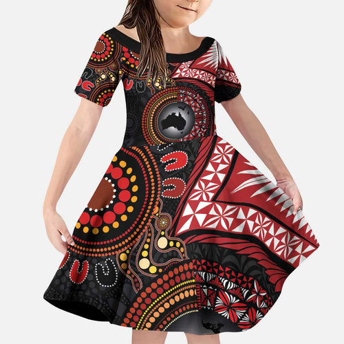 Tonga and Australia Together Family Matching Puletasi and Hawaiian Shirt Ngatu Art Tribal Aboriginal Tattoo Pattern