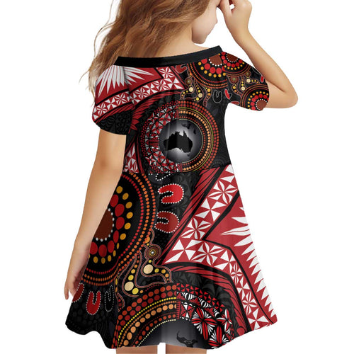 Tonga and Australia Together Kid Short Sleeve Dress Ngatu Art Tribal Aboriginal Tattoo Pattern
