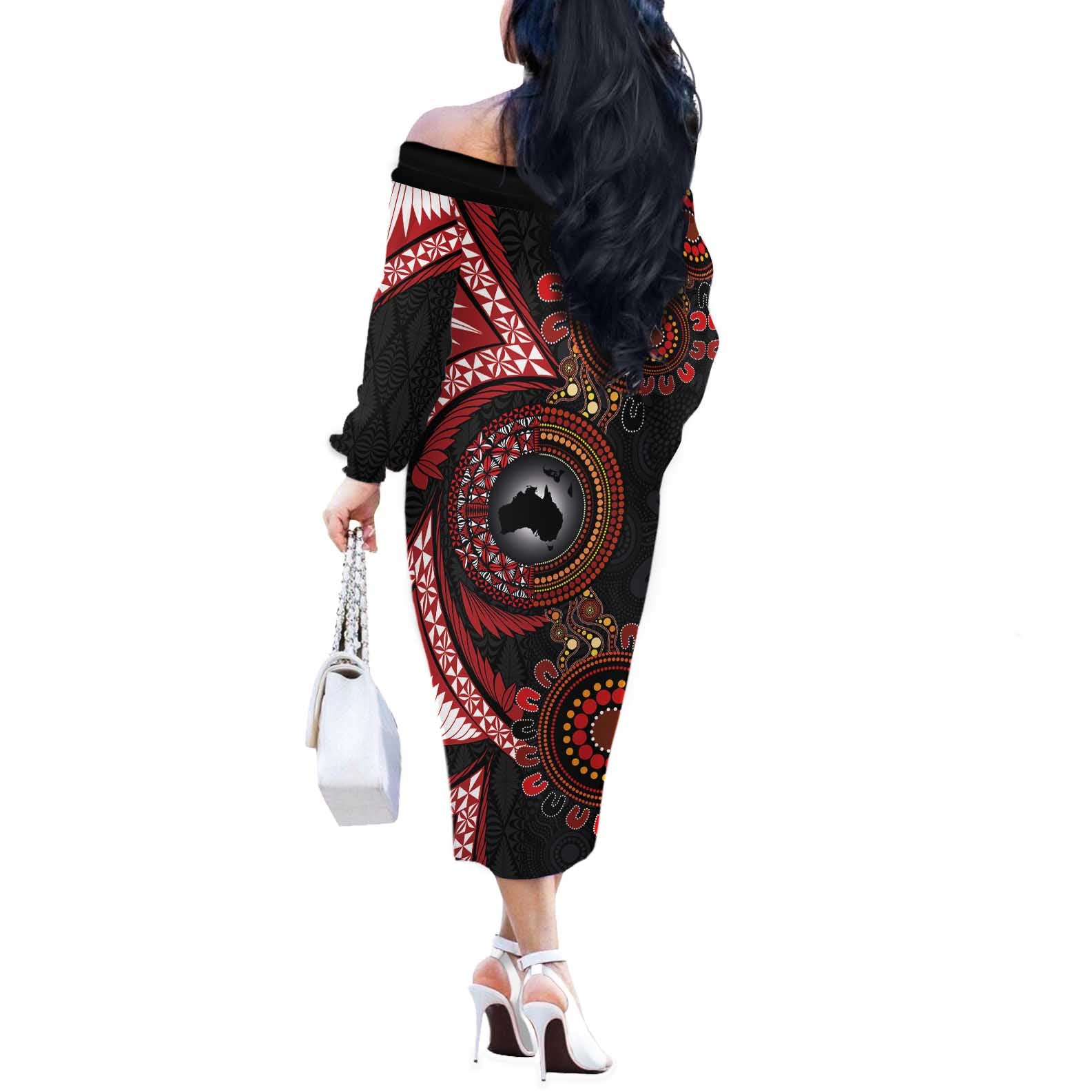 Tonga and Australia Together Off The Shoulder Long Sleeve Dress Ngatu Art Tribal Aboriginal Tattoo Pattern