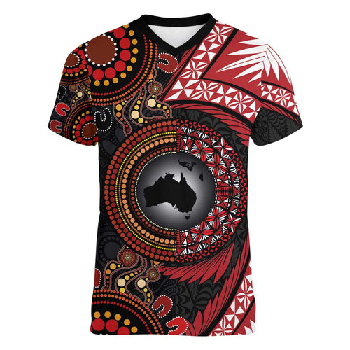 Tonga and Australia Together Women V-Neck T-Shirt Ngatu Art Tribal Aboriginal Tattoo Pattern