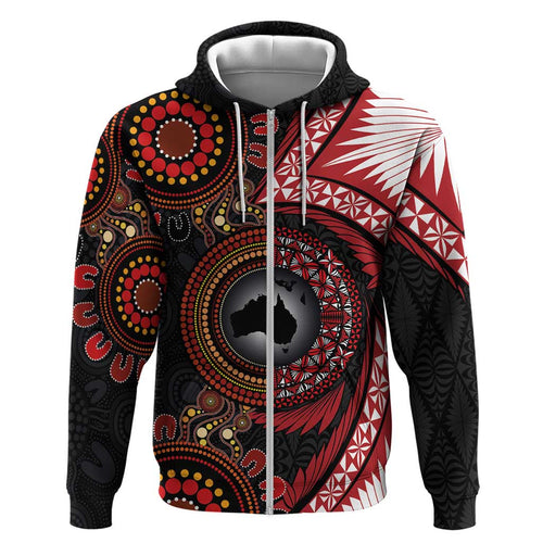 Tonga and Australia Together Zip Hoodie Ngatu Art Tribal Aboriginal Tattoo Pattern