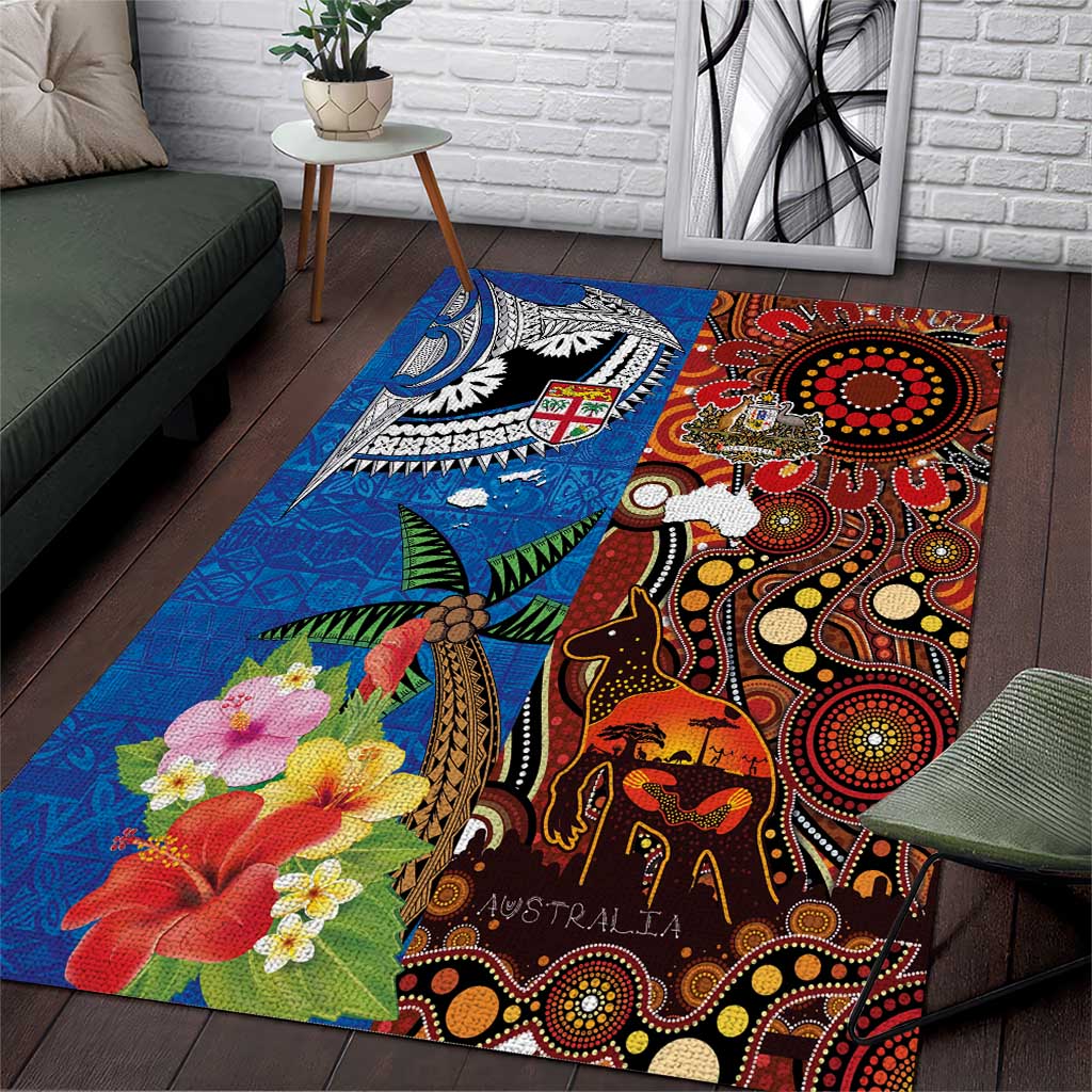 Fiji and Australia Together Area Rug Fijian Tapa Plants with Kangaroo and Aboriginal - Aussie Hoodie
