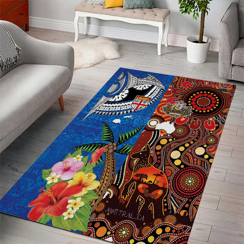 Fiji and Australia Together Area Rug Fijian Tapa Plants with Kangaroo and Aboriginal - Aussie Hoodie