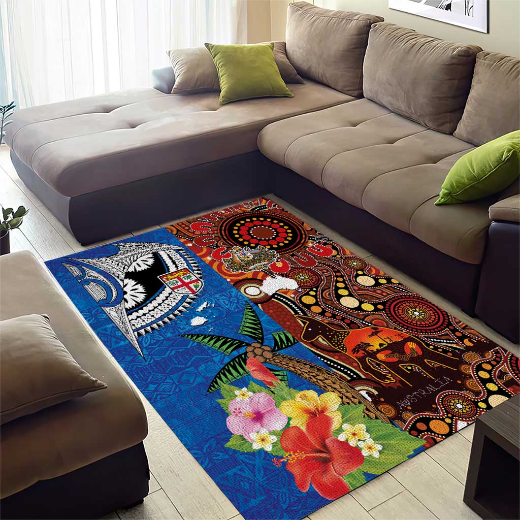 Fiji and Australia Together Area Rug Fijian Tapa Plants with Kangaroo and Aboriginal - Aussie Hoodie