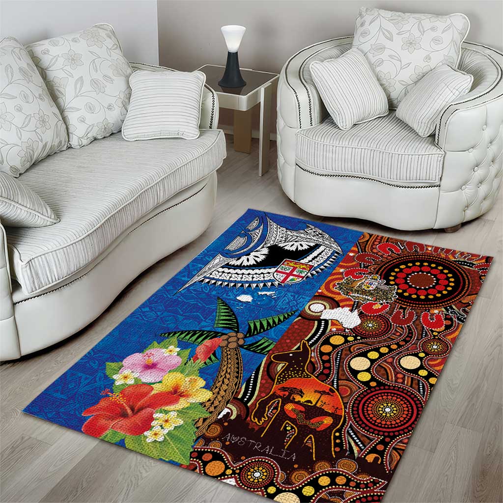 Fiji and Australia Together Area Rug Fijian Tapa Plants with Kangaroo and Aboriginal - Aussie Hoodie
