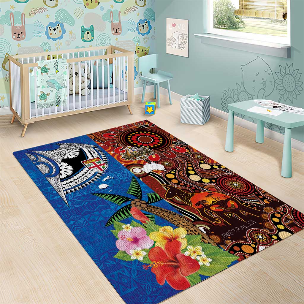 Fiji and Australia Together Area Rug Fijian Tapa Plants with Kangaroo and Aboriginal - Aussie Hoodie