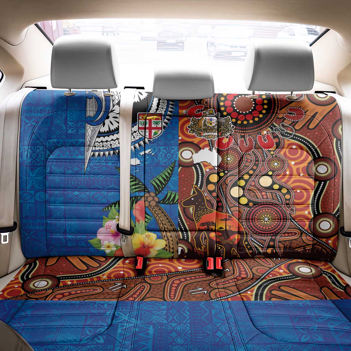Fiji and Australia Together Back Car Seat Cover Fijian Tapa Plants with Kangaroo and Aboriginal - Aussie Hoodie
