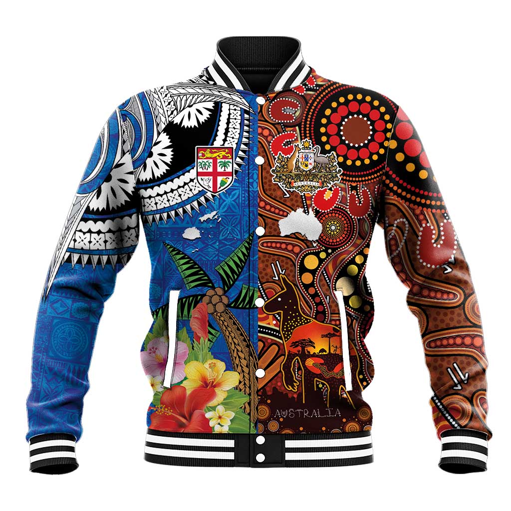 Fiji and Australia Together Baseball Jacket Fijian Tapa Plants with Kangaroo and Aboriginal - Aussie Hoodie