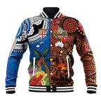 Fiji and Australia Together Baseball Jacket Fijian Tapa Plants with Kangaroo and Aboriginal - Aussie Hoodie