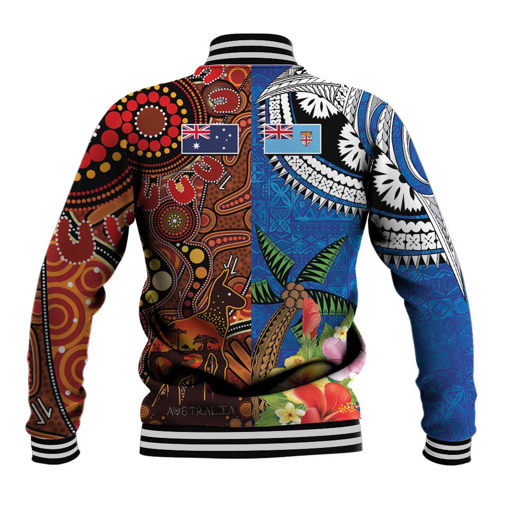 Fiji and Australia Together Baseball Jacket Fijian Tapa Plants with Kangaroo and Aboriginal - Aussie Hoodie