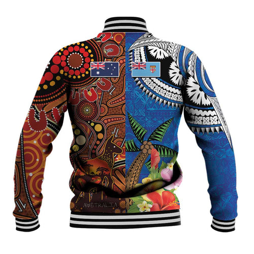 Fiji and Australia Together Baseball Jacket Fijian Tapa Plants with Kangaroo and Aboriginal - Aussie Hoodie