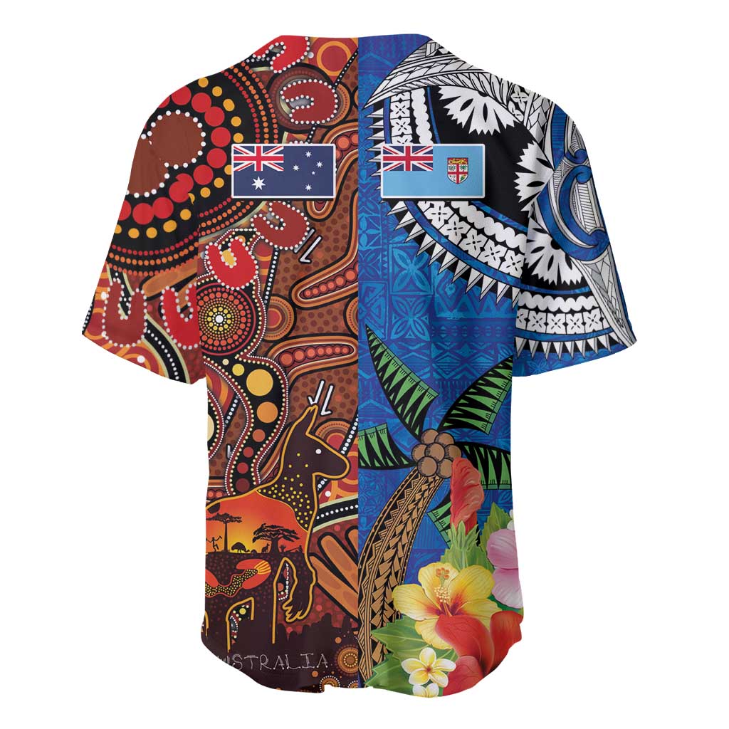 Fiji and Australia Together Baseball Jersey Fijian Tapa Plants with Kangaroo and Aboriginal - Aussie Hoodie