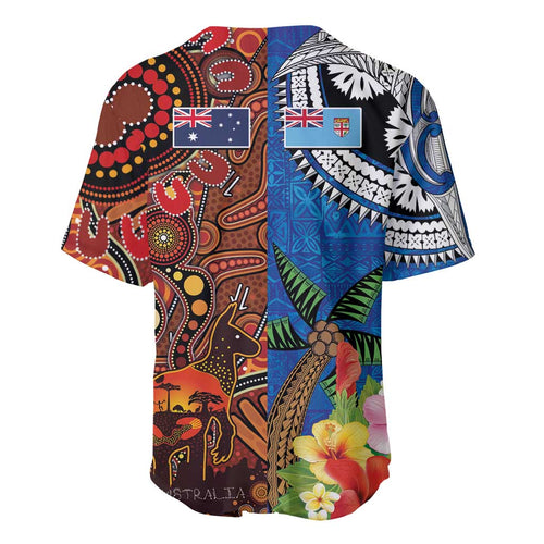 Fiji and Australia Together Baseball Jersey Fijian Tapa Plants with Kangaroo and Aboriginal - Aussie Hoodie