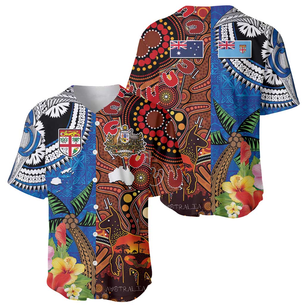 Fiji and Australia Together Baseball Jersey Fijian Tapa Plants with Kangaroo and Aboriginal - Aussie Hoodie
