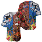 Fiji and Australia Together Baseball Jersey Fijian Tapa Plants with Kangaroo and Aboriginal - Aussie Hoodie