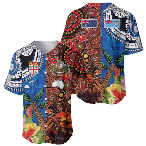 Fiji and Australia Together Baseball Jersey Fijian Tapa Plants with Kangaroo and Aboriginal - Aussie Hoodie