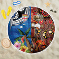 Fiji and Australia Together Beach Blanket Fijian Tapa Plants with Kangaroo and Aboriginal - Aussie Hoodie