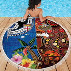 Fiji and Australia Together Beach Blanket Fijian Tapa Plants with Kangaroo and Aboriginal - Aussie Hoodie