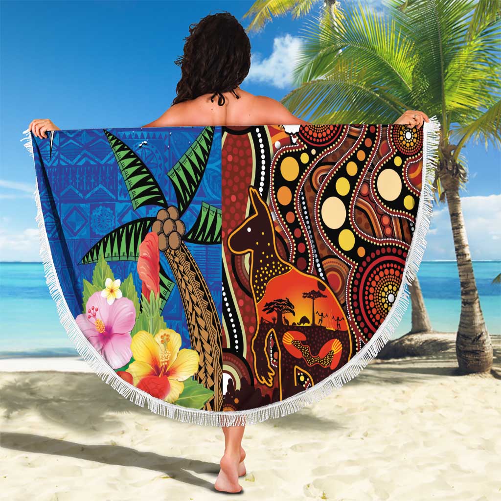 Fiji and Australia Together Beach Blanket Fijian Tapa Plants with Kangaroo and Aboriginal - Aussie Hoodie