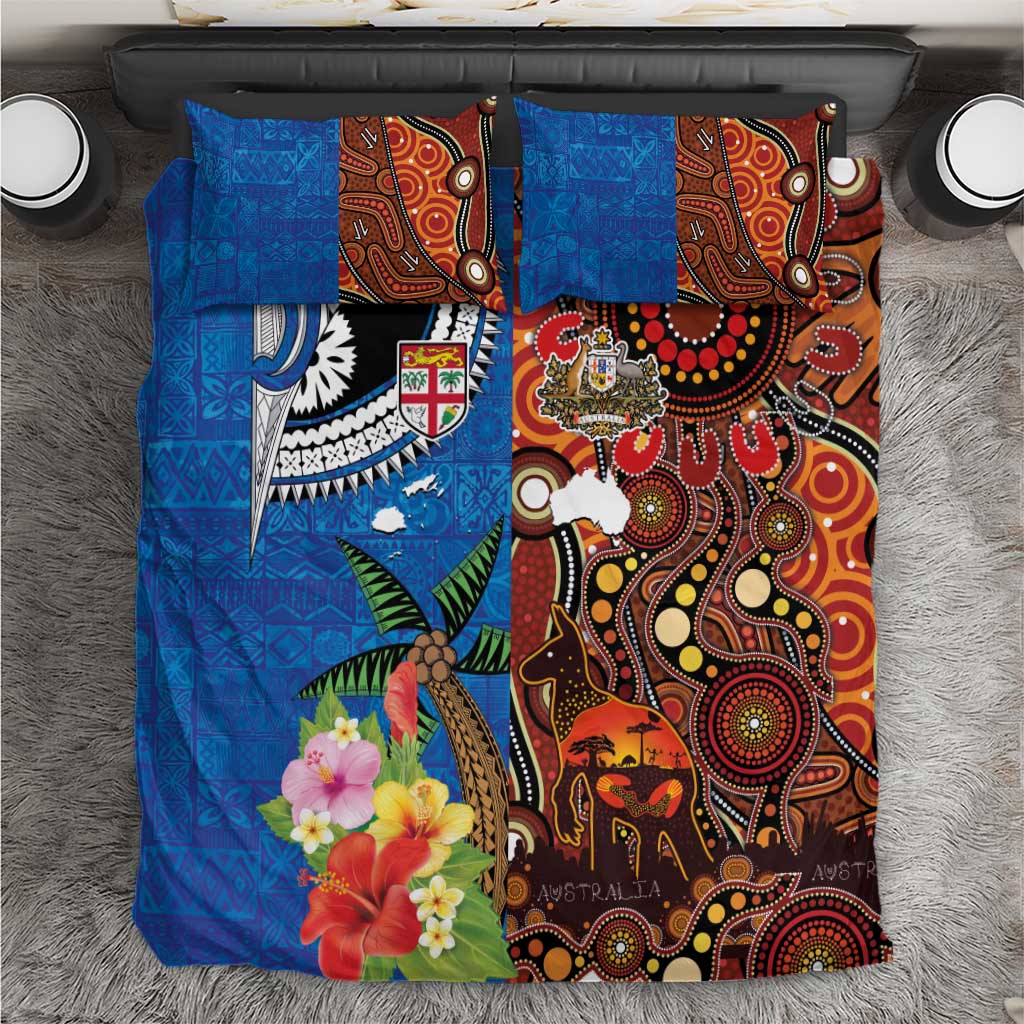 Fiji and Australia Together Bedding Set Fijian Tapa Plants with Kangaroo and Aboriginal - Aussie Hoodie
