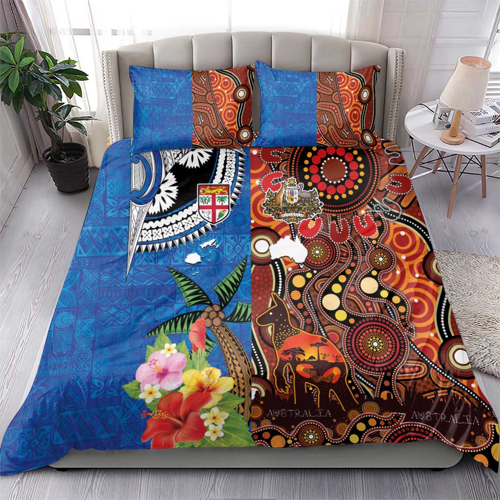Fiji and Australia Together Bedding Set Fijian Tapa Plants with Kangaroo and Aboriginal - Aussie Hoodie