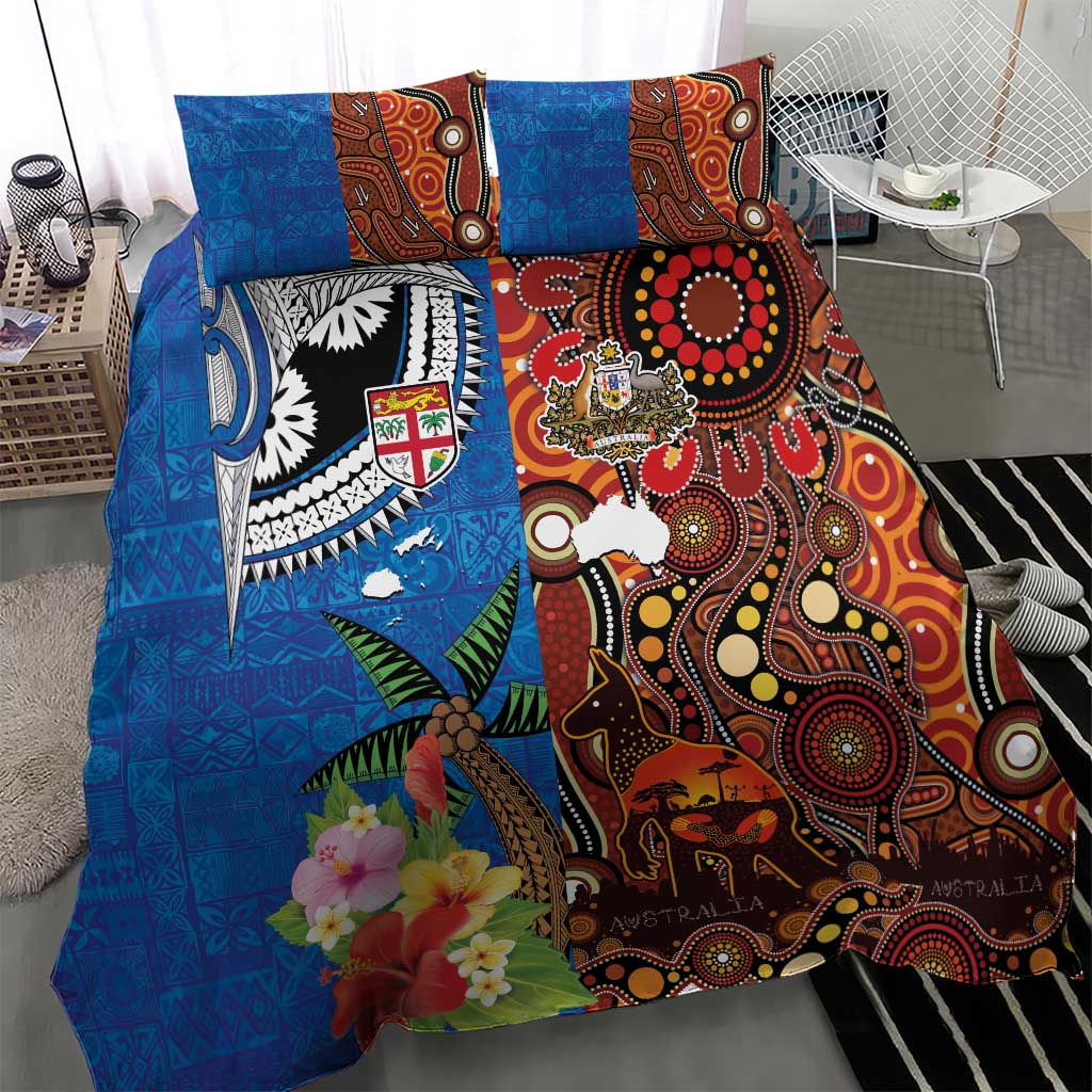 Fiji and Australia Together Bedding Set Fijian Tapa Plants with Kangaroo and Aboriginal - Aussie Hoodie